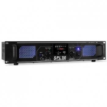 Skytec SPL 300MP3 Amplificador 2 x 150W con Leds Azules EQ USB SD Negro
