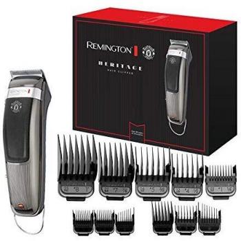 Remington Heritage HC9105 - Cortapelos edición Manchester United, cortapelos 11 ajustes, cuchillas de precisión, litio, toalla incluida, gris