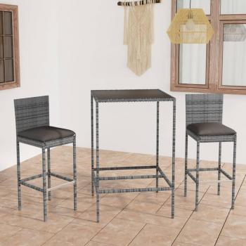 3-Piece Gray Poly Rattan Garden Bar Set with Cushions
