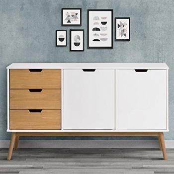 Aparador Java 3 cajones y 2 Puertas Blanco/Cera, Madera de Pino Maciza, 140 cm Ancho, 40 cm Profundo