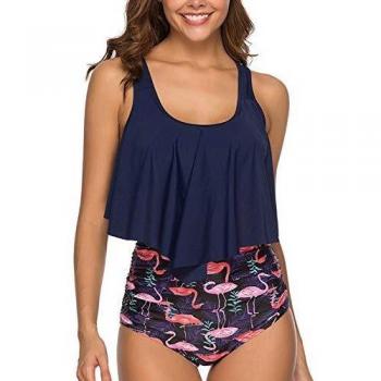 Voqeen Mujer Bañadores Volantes Conjunto de Bikini Acolchado Rayas Imprimir de Cintura Alta con Pliegues Traje de baño