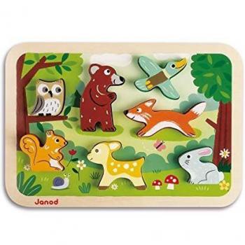 Puzzle Bosque Janod Chunky - Puzzle de madera, piezas gruesas y fáciles de manipular, diseño colorido con animales del bosque, fomenta la coordinación mano-ojo y el desarrollo cognitivo en niños