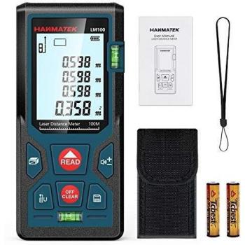 Telémetro Láser 100 m, Medidor Laser de Distancia con 2 Burbujas de Niveles, Función de Silencio y Auto-Calibración, Pitágoras Distancia, Área, Volumen, Medición Continua Precisos, Memorias 99 datos
