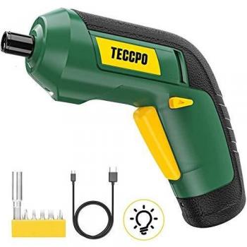 Atornillador Eléctrico, TECCPO Destornillador Inalámbrico 3.6V, Par Máximo de 4 Nm, LED Luz, 2.0Ah, Talla Pequeña, Carga USB con cable, 6 Pcs Varios brocas, Indicador de carga-TDSC03P