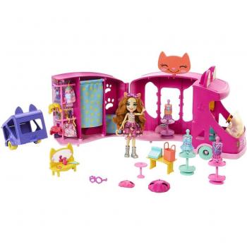 Enchantimals Glam Party Camión de Estilismos HPB34 Muñeca con Conjunto de Juego, Remolque, Figura de Mascota y Accesorios