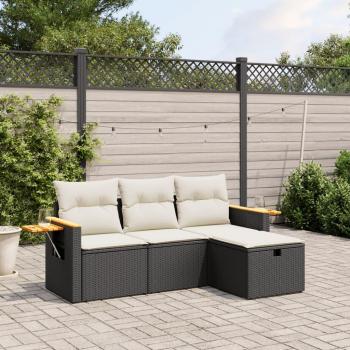4-Piece Black Poly Rattan Garden Sofa Set with Cushions