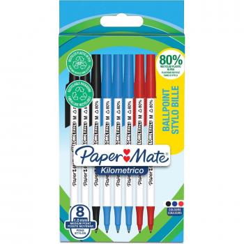 Blíster 8 bolígrafos Paper Mate Kilométrico punta mediana (1,0mm) tinta negra, azul y roja 80% reciclado Paper Mate