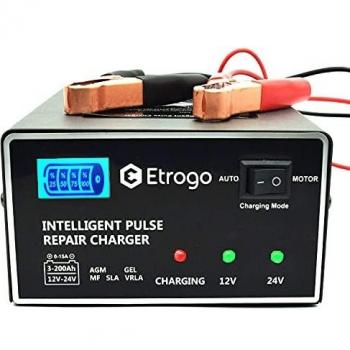Etrogo Cargador Bateria Plomo de Coche 12V 24V 10A Intelligent de Pulso con Pantalla LED a Barra-Gris