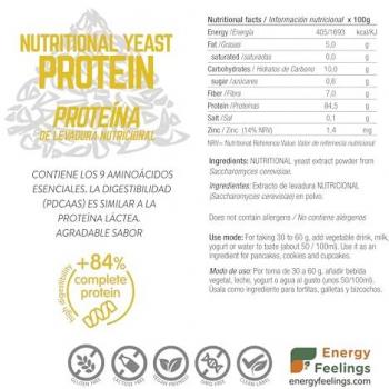 Proteína de levadura nutricional 84% - 1 Kg - Energy Feelings, vegana, sin gluten, rica en vitaminas B, ideal para aumentar y conservar masa muscular