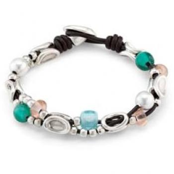 UNOde50 Elegant Leather and Silver-Plated Link Bracelet with Multicolor Crystals for Women