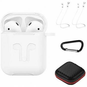 Hianjoo Funda Compatible con Airpods 1&2, Estuche Suave 7 en 1 Fundas Protectora de Silicona con Correa Anti, pérdida/mosquetón/Estuche de PU, Blanco