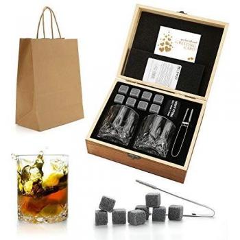 Set de regalo de Whisky Stones and Glasses, Whiskey Rocks Chilling Stones en una caja de madera hecha a mano - Bebidas frescas sin dilución - Whisky Glasses Set of 2, Gift for Dad, Husband, Men