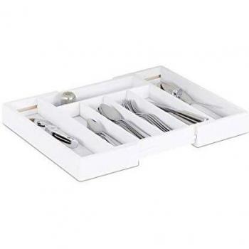 Organizador de Cubiertos para Cajón, Extensible, Ancho Variable, 5 - 7 Compartimentos, Bambú, hwd 5.5x48.5x37cm, Blanco