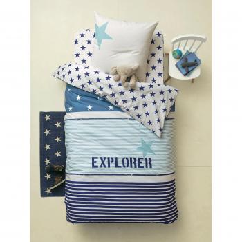 Vertbaudet Explorer - Sábana bajera infantil, algodón, Bleu / Écru, 90 x 190