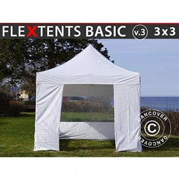 Carpa Plegable Rápida FleXtents Basic v.3, 3x3m Blanca Impermeable con 4 Laterales