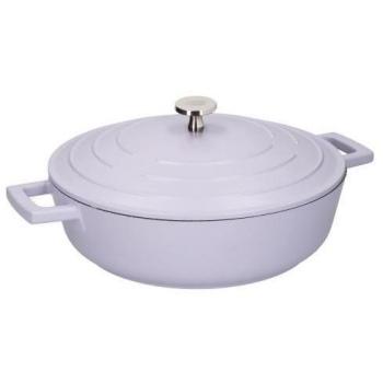 Cazuela Baja Redonda con Tapa de 4L, Acero Fundido, Apta para Hornos, Resistente a los Rayones, Revestimiento Antiadherente, Morado Lavanda