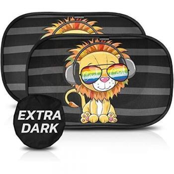 Parasol coche con protección UV extra oscura - autoadhesivo, para proteger del sol a bebés y mascotas, 2 parasoles para bebé con diseño de león