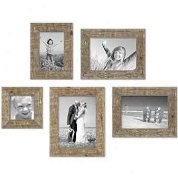 Photolini Juego de 5 Marcos 10x10, 10x15, 13x18 y 15x20 cm casa de Playa, Aspecto Roble rústico Natural, Madera Maciza con Cristal y Accesorios/Marco de Fotos