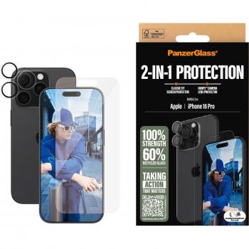 Protector de Pantalla PanzerGlass 2-en-1 para iPhone 16 Pro con Cristal y Protector de Lente, Transparente