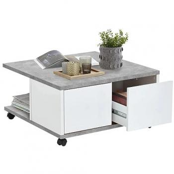 Mesa de centro móvil estilo antiguo en blanco con hormigón y roble artesano, incluye 2 cajones y 2 baldas, dimensiones de 70x70x35,5 cm