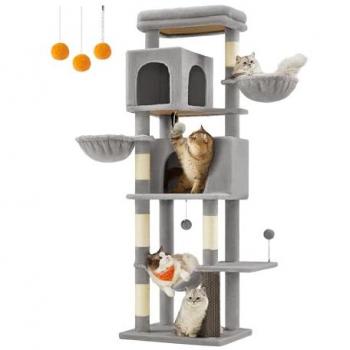 Árbol para Gatos Multinivel 175 cm - Torre con 2 Cuevas, 2 Cestas, 5 Rascadores, Plataforma, Hamaca y Alfombra en Color Beige Arena y Grises