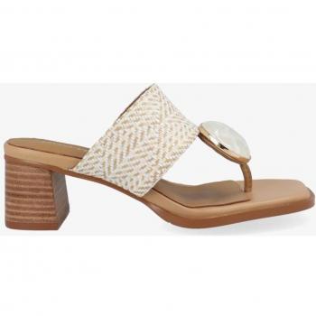 Sandalias de tacón Noa Harmon en color blanco con rafia multicolor y adorno