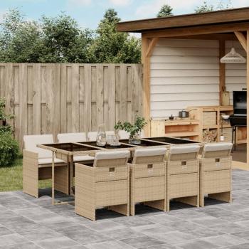 9-Piece Garden Dining Set with Beige Cushions in Poly Rattan