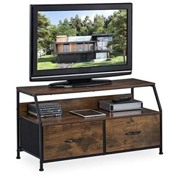 Mueble de TV Industrial, Mesa Televisor 48,5x93x41,5cm, Metal con Acabado en Madera, 2 Cajones, Marrón/Negro