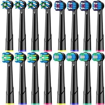 Recambios Cepillos Compatible con Braun Oral B Cepillo Eléctrico, Paquete de 16 Cabezales de Cepillos de Dientes, Incluye 4 tipos diferentes - Negro