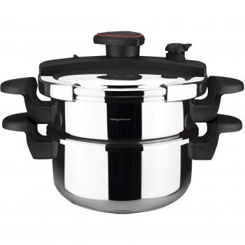 MAGEFESA ASTRA Olla a presión super rápida de fácil uso, acero inoxidable 18/10, apta para todo tipo de cocinas, inducción total.5 sistemas de seguridad, fondo termo difusor