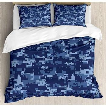 Juego de sábanas de 3 piezas Camo Juego de fundas nórdicas, Militaristic Digital Efected Armed Forces Pattern Grunge Fashion in Blue, Juego de fundas de edredón / Qulit de 3 piezas con 2 fundas de alm