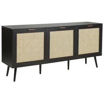 Aparador 3 puertas negro con frontal de ratán y patas de madera de caucho estilo boho
