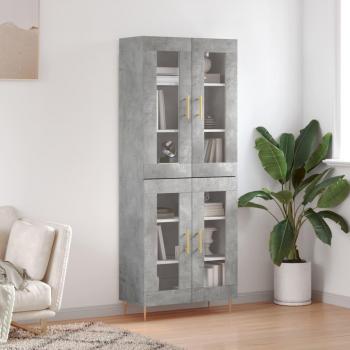 Aparador alto de madera contrachapada gris hormigón 69,5x34x180 cm con 2 puertas de cristal, mueble de almacenaje para salón, buffet y armario auxiliar