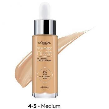 L’Oréal Paris True Match Nude Plumping Tinted Serum, serum to even out skin tone, shade 4-5 Medium, 30 ml, with 1% Hyaluronic Acid