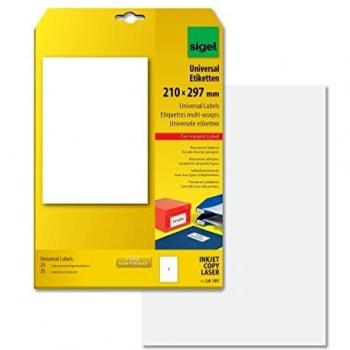 Etiquetas Universales Autoadhesivas para Impresora Sigel LA181, Blancas, 210x297 mm (A4), 25 Etiquetas = 25 Hojas