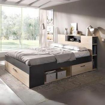 Cama compacta Lanka para colchón de 135 - 140 x 190 cm con 1 cajón y zapatero color Roble Natural - Grafito