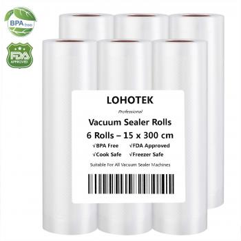 LOHOTEK Rollos para Envasadora Sellador de Vacío 6 Packs 15cmx300cm Bolsas Profesional para la Conservación de Alimentos Protector la Comida para Cocina