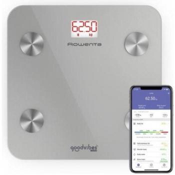 Rowenta Goodvibes Life BR9600 - Báscula de baño inteligente con medidor de grasa corporal e IMC, almacena hasta 10 medidas corporales, gran pantalla LED, plataforma de vidrio, hasta 160kg de capacidad