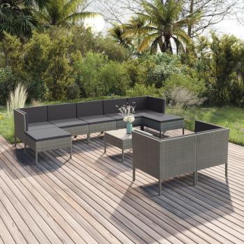 10-Piece Grey Poly Rattan Garden Lounge Set with Cushions