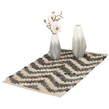Alfombra Pasillo Antideslizante 50x80 cm, Algodón y Yute, Tejido a Mano, Diseño Zigzag Beige/Negro - Relaxdays