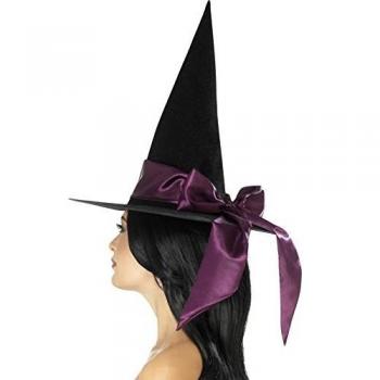 Smiffy's-48026 Sobrero Deluxe de Bruja, con Lazo Morado, Color Negro, Tamaño único