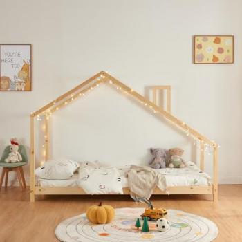 Cama para niños Siuntio con colchón 90x200 cm de madera de pino natural