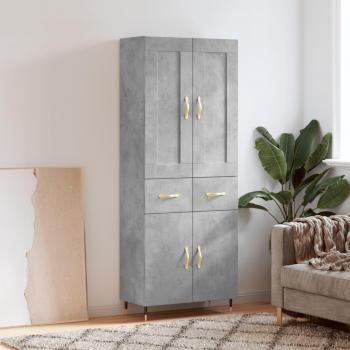 Aparador alto de madera contrachapada gris hormigón 69,5x34x180 cm con 2 puertas y 2 cajones, mueble de almacenaje para salón, buffet y armario auxiliar