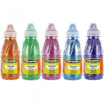 Cleopatre - PP250x5A - Pack de 5 frascos de pintura al agua con purpurinas, 250 ml, colores primarios