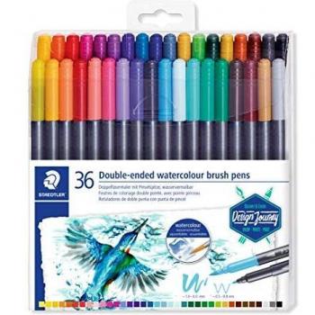 Staedtler Watercolour Brush Pens 3001 TB36, Rotulador de Doble Punta de Fibra Acuarelable, 36 unidades, Multicolor