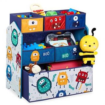 Estantería Infantil Multicolor con 6 Cajas de Tela y Diseño de Monstruos, Librería para Niños con Ruedas, Medidas: 66x63,5x30cm - Relaxdays