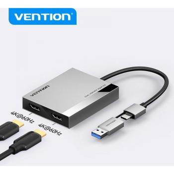 Adaptador USB-C a Dual HDMI 1.4 MST Vention 0.15m Aluminio Gris 4K@30Hz