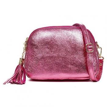 Bolso Bandolera de Piel Auténtica Gamuza Lacada para Mujer Aliminusa - 22x9x16 cm - Color Rosa - Hecho en Italia