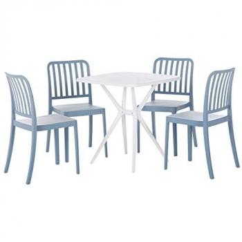 Conjunto de Comedor de Jardín Azul y Blanco, Mesa Cuadrada de Plástico con 4 Sillas Apilables Resistente a la Intemperie