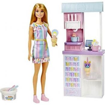 Barbie Ice Cream Shop Playset with 12 in Blonde Doll, Ice Cream Making Feature, 2 Dough Containers, 2